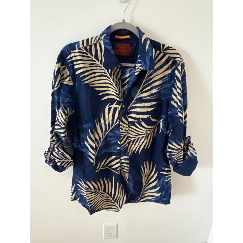 Scotch & Soda Mens Relaxed Fit Tropical Palm Leaf Print Cotton Shirt Navy Large